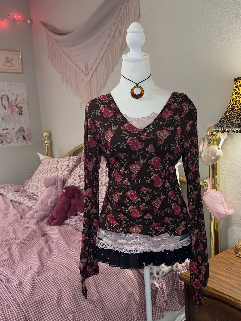 Y2K Floral Long-Sleeve V-Neck Women's Top in Burgundy